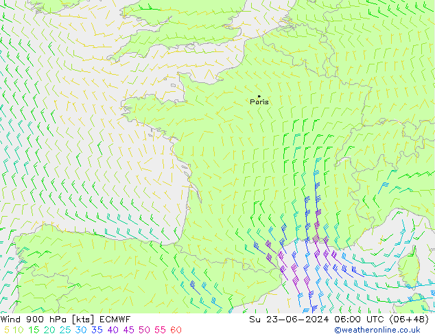Wind 900 hPa ECMWF Su 23.06.2024 06 UTC