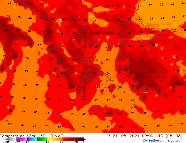 Temperature (2m) ECMWF Fr 21.06.2024 09 UTC