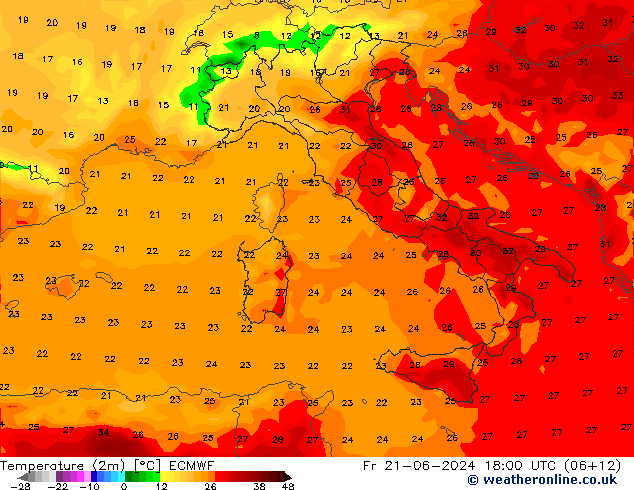 Temperatura (2m) ECMWF vie 21.06.2024 18 UTC