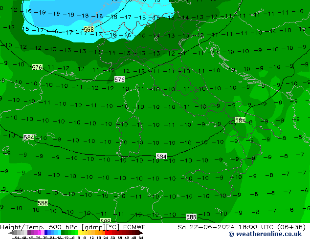 Height/Temp. 500 hPa ECMWF Sa 22.06.2024 18 UTC