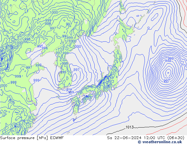 Bodendruck ECMWF Sa 22.06.2024 12 UTC