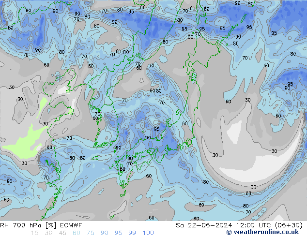 RH 700 hPa ECMWF Sa 22.06.2024 12 UTC