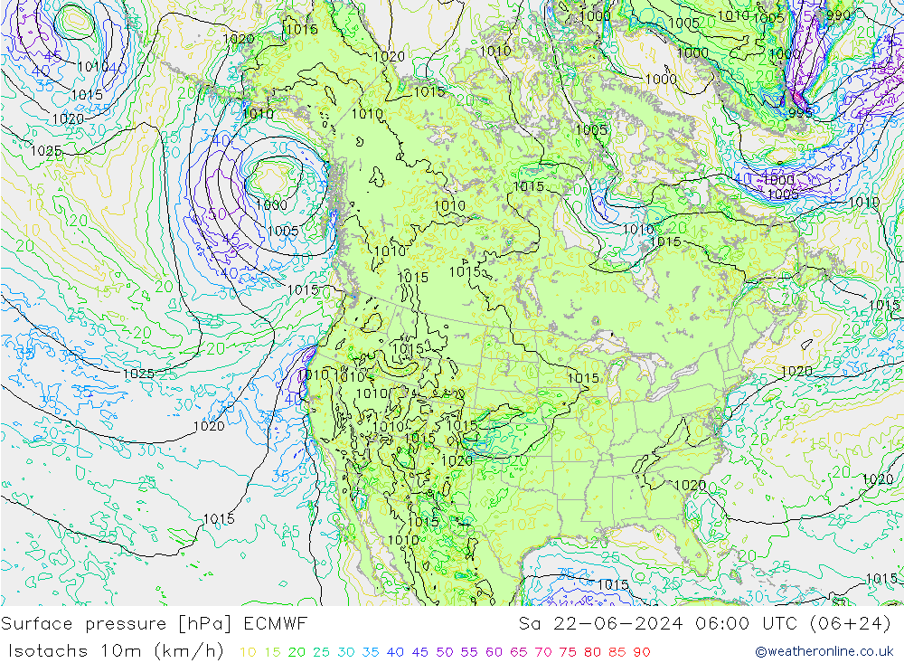 Isotachen (km/h) ECMWF za 22.06.2024 06 UTC