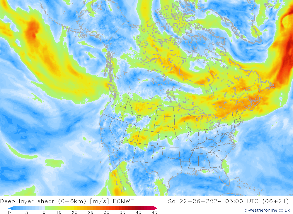 Deep layer shear (0-6km) ECMWF 星期六 22.06.2024 03 UTC