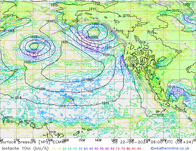 Isotaca (kph) ECMWF sáb 22.06.2024 06 UTC