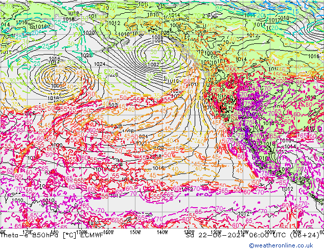 Theta-e 850hPa ECMWF sáb 22.06.2024 06 UTC