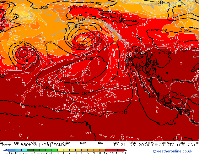 Theta-W 850гПа ECMWF пт 21.06.2024 06 UTC