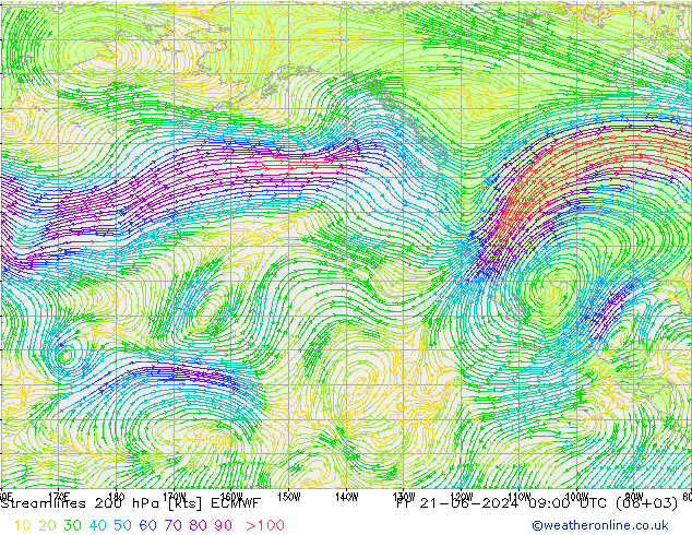 Streamlines 200 hPa ECMWF Fr 21.06.2024 09 UTC