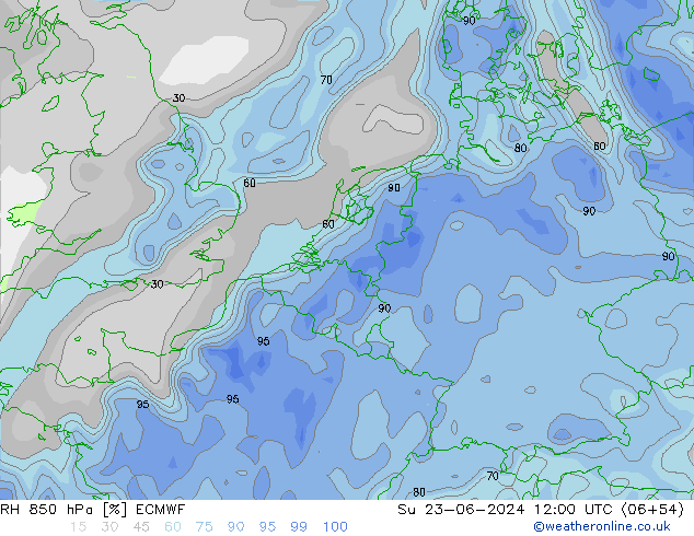 RH 850 hPa ECMWF nie. 23.06.2024 12 UTC