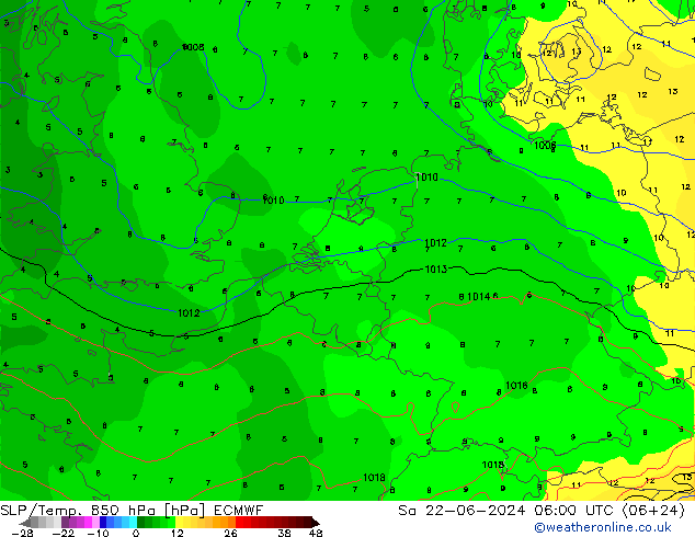 SLP/Temp. 850 hPa ECMWF Sa 22.06.2024 06 UTC