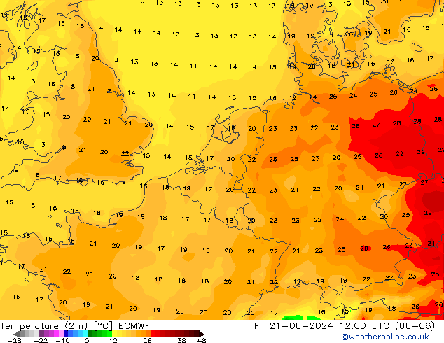 Temperaturkarte (2m) ECMWF Fr 21.06.2024 12 UTC