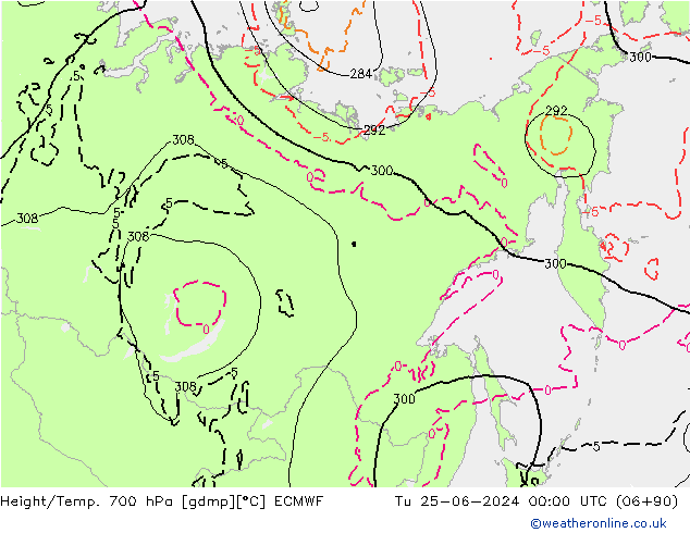 Height/Temp. 700 hPa ECMWF Út 25.06.2024 00 UTC