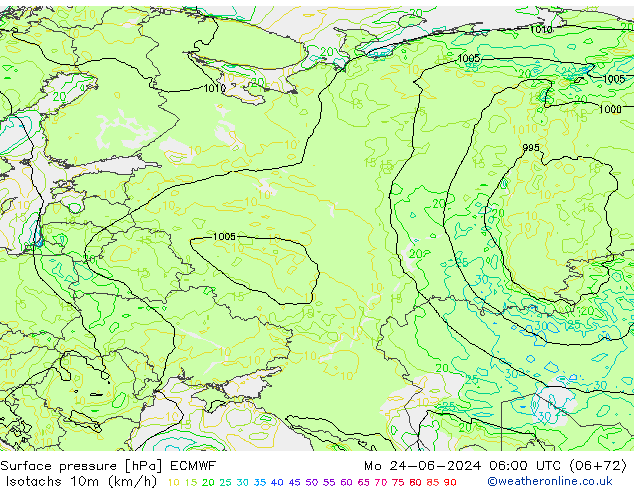 Isotachs (kph) ECMWF  24.06.2024 06 UTC