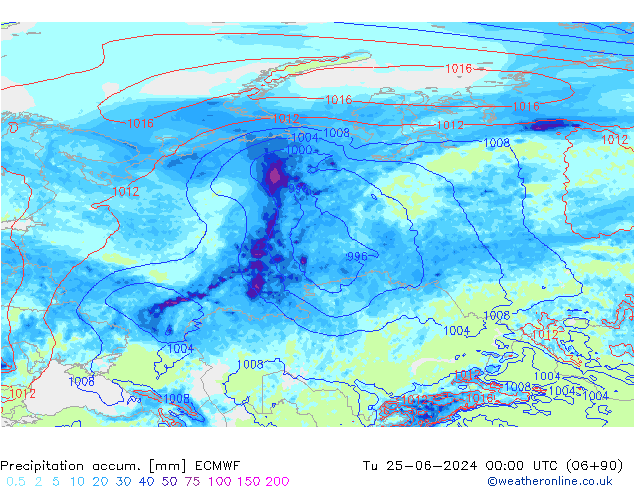 Precipitation accum. ECMWF Tu 25.06.2024 00 UTC