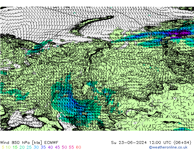 wiatr 850 hPa ECMWF nie. 23.06.2024 12 UTC