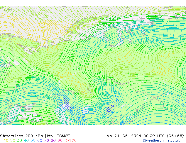 Streamlines 200 hPa ECMWF Mo 24.06.2024 00 UTC