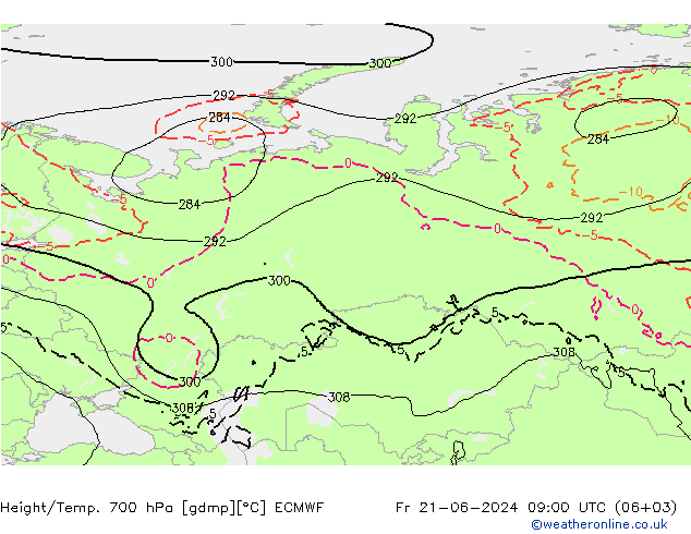 Geop./Temp. 700 hPa ECMWF vie 21.06.2024 09 UTC