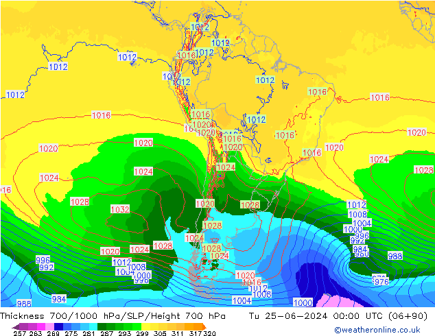 Thck 700-1000 hPa ECMWF Tu 25.06.2024 00 UTC