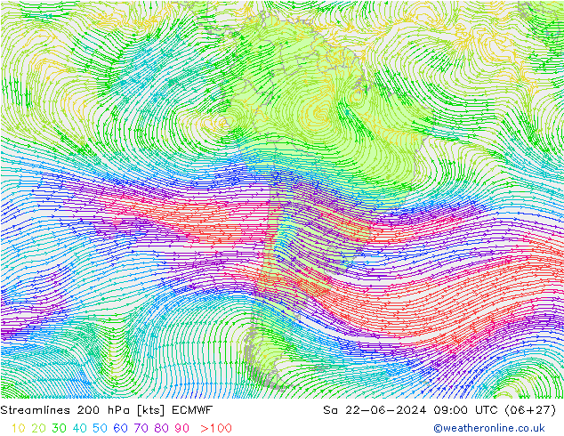 Streamlines 200 hPa ECMWF Sa 22.06.2024 09 UTC