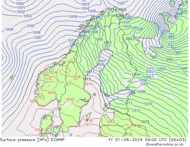 Presión superficial ECMWF vie 21.06.2024 09 UTC