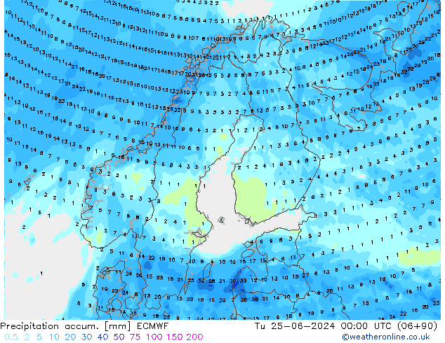 Precipitation accum. ECMWF Tu 25.06.2024 00 UTC