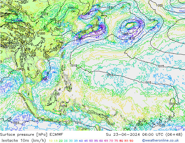 Eşrüzgar Hızları (km/sa) ECMWF Paz 23.06.2024 06 UTC