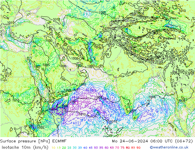 Isotachs (kph) ECMWF пн 24.06.2024 06 UTC