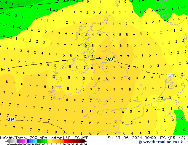 Height/Temp. 700 гПа ECMWF Вс 23.06.2024 00 UTC