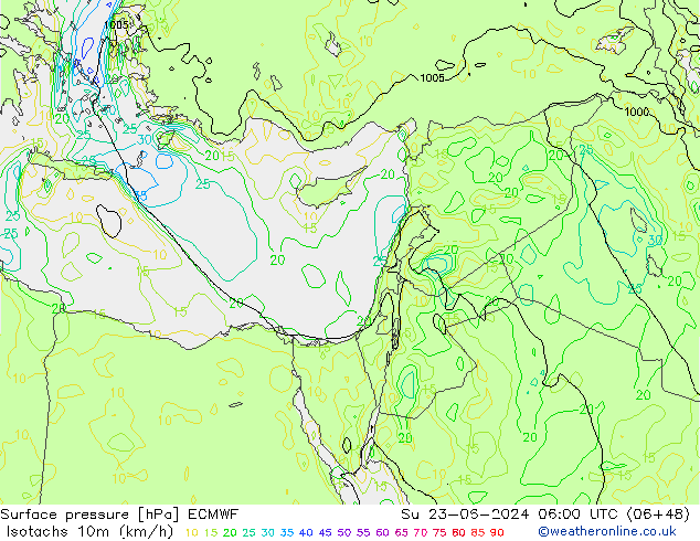 Isotachs (kph) ECMWF Su 23.06.2024 06 UTC