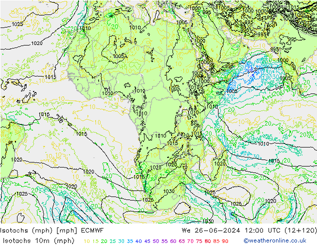 Isotachs (mph) ECMWF We 26.06.2024 12 UTC