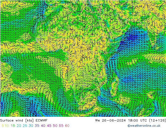 wiatr 10 m ECMWF śro. 26.06.2024 18 UTC