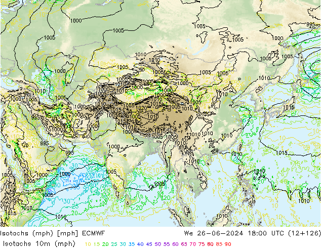 Isotachs (mph) ECMWF We 26.06.2024 18 UTC