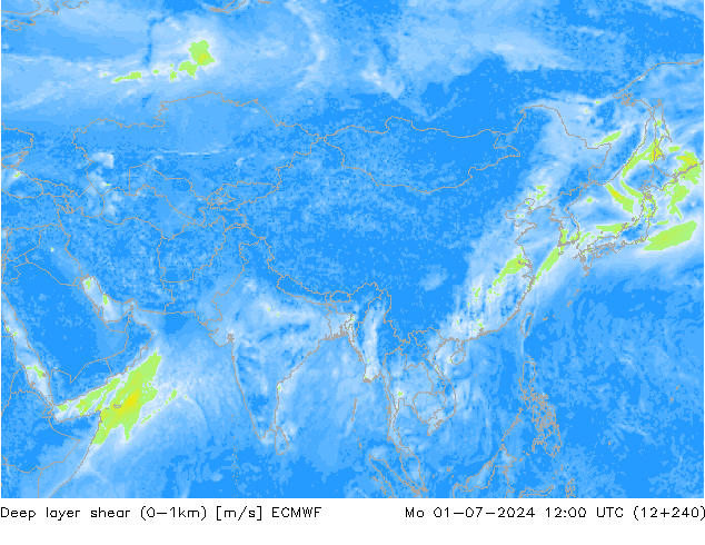 Deep layer shear (0-1km) ECMWF Mo 01.07.2024 12 UTC