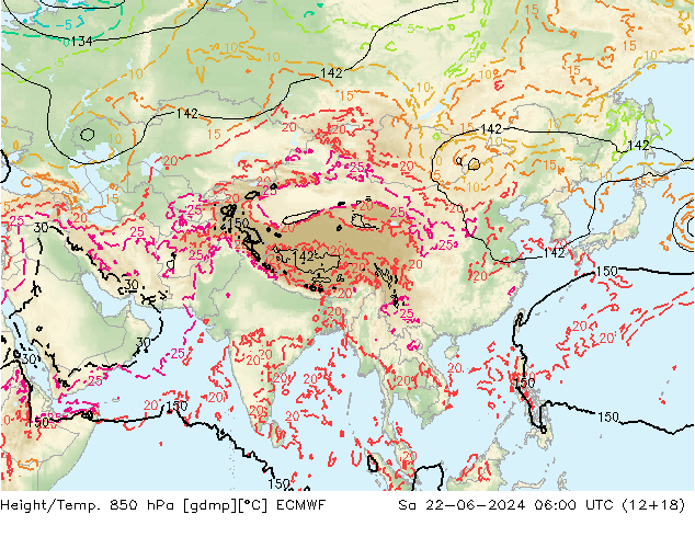 Height/Temp. 850 гПа ECMWF сб 22.06.2024 06 UTC