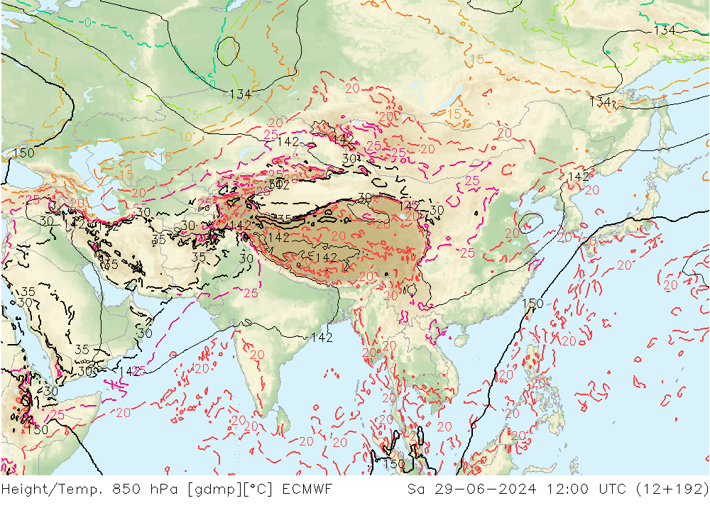 Height/Temp. 850 hPa ECMWF Sa 29.06.2024 12 UTC