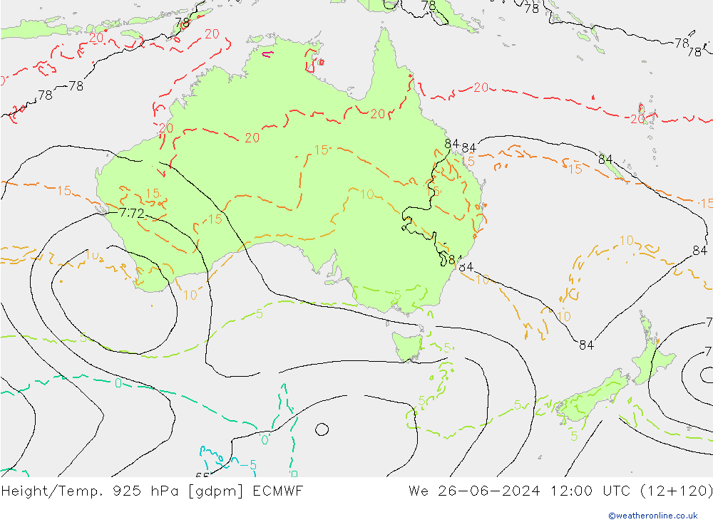 Hoogte/Temp. 925 hPa ECMWF wo 26.06.2024 12 UTC