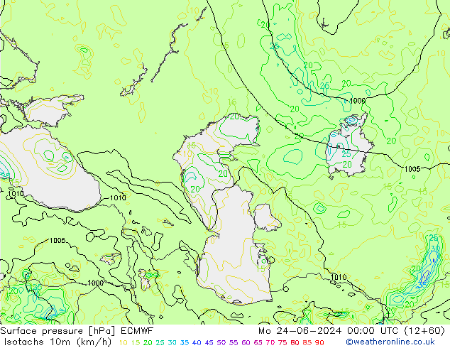 Isotachs (kph) ECMWF Seg 24.06.2024 00 UTC