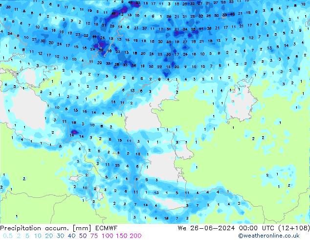 Precipitation accum. ECMWF mer 26.06.2024 00 UTC