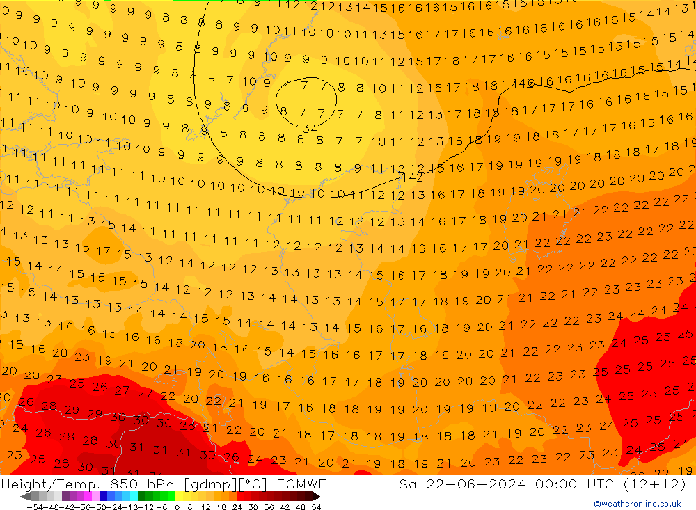 Height/Temp. 850 гПа ECMWF сб 22.06.2024 00 UTC