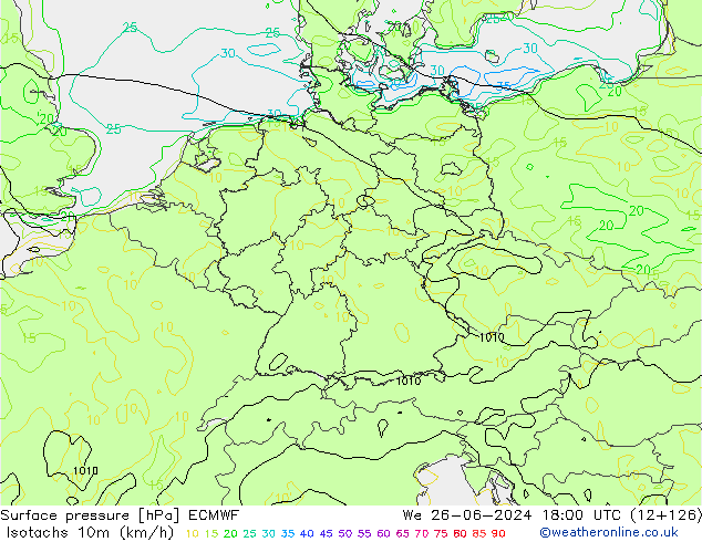 Isotachs (kph) ECMWF We 26.06.2024 18 UTC