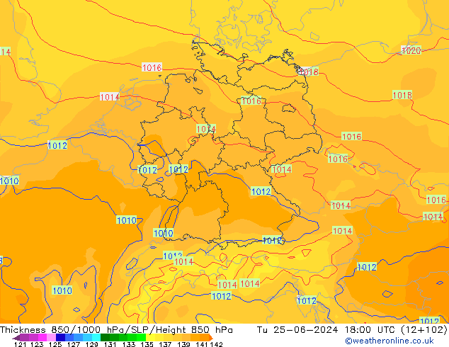 Thck 850-1000 hPa ECMWF Tu 25.06.2024 18 UTC