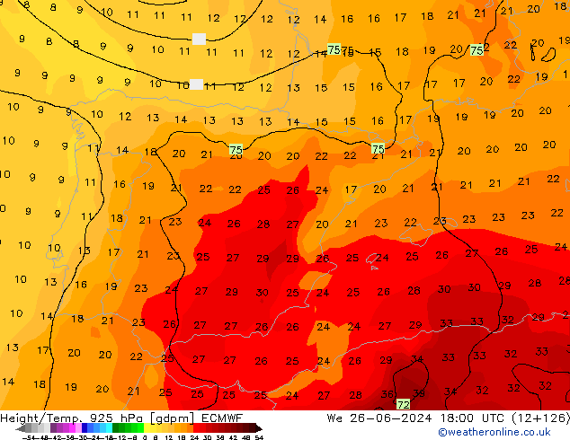 Height/Temp. 925 hPa ECMWF mer 26.06.2024 18 UTC