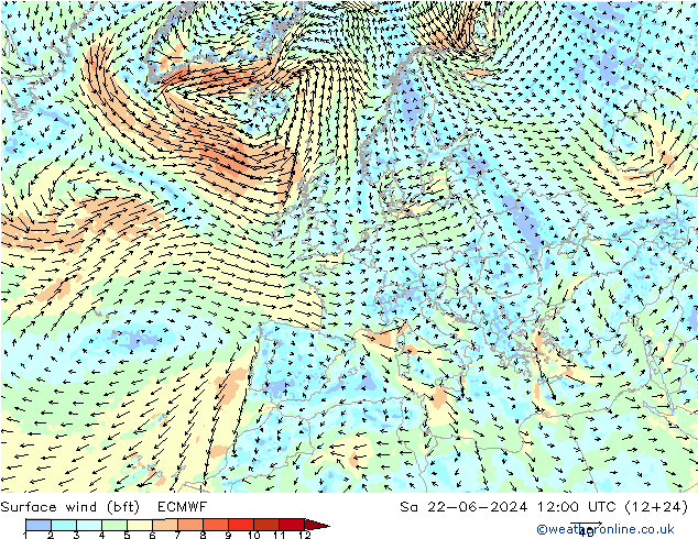 Bodenwind (bft) ECMWF Sa 22.06.2024 12 UTC