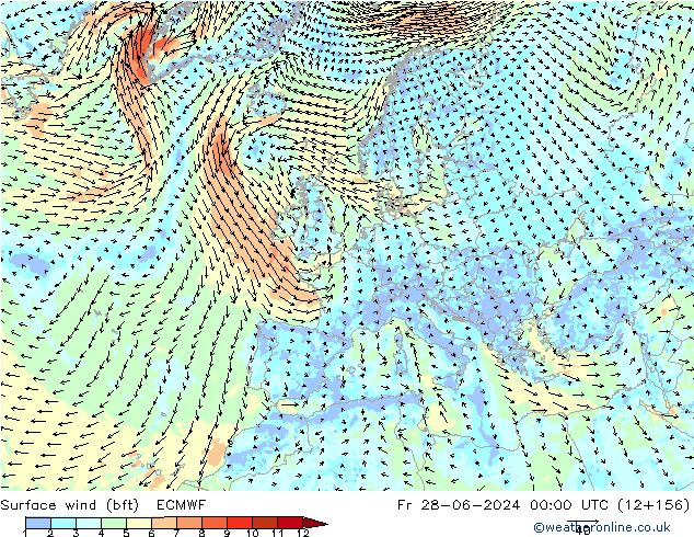 Wind 10 m (bft) ECMWF vr 28.06.2024 00 UTC