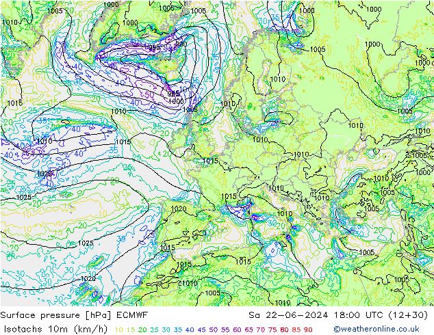 Isotachs (kph) ECMWF сб 22.06.2024 18 UTC