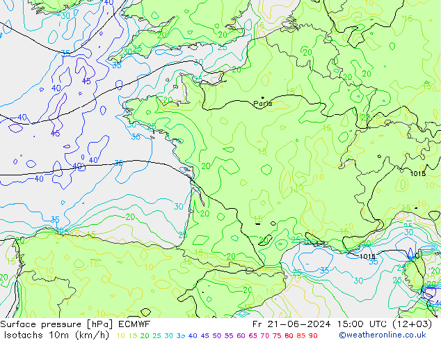Izotacha (km/godz) ECMWF pt. 21.06.2024 15 UTC