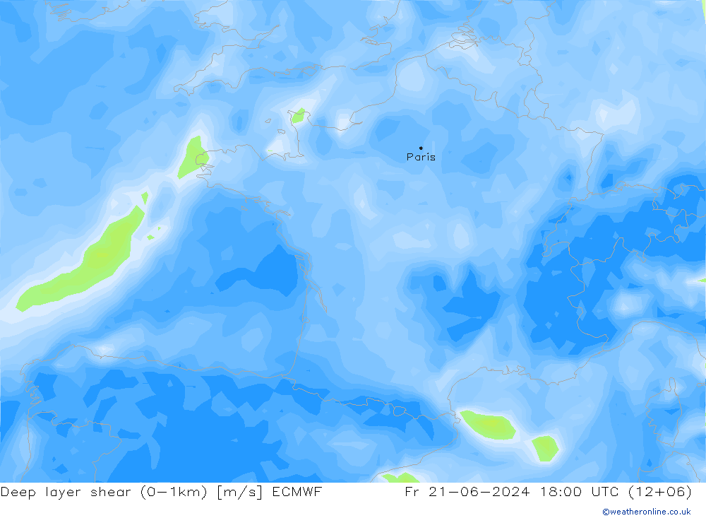 Deep layer shear (0-1km) ECMWF Cu 21.06.2024 18 UTC