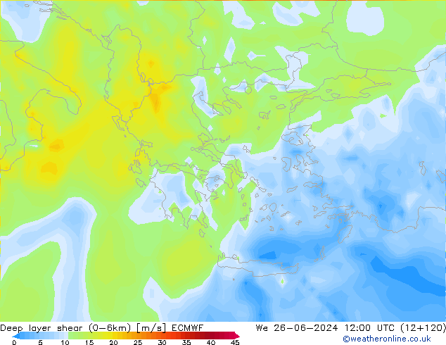 Deep layer shear (0-6km) ECMWF wo 26.06.2024 12 UTC