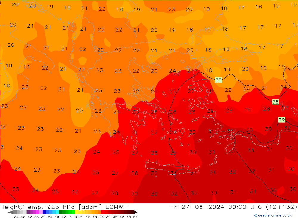 Height/Temp. 925 hPa ECMWF gio 27.06.2024 00 UTC