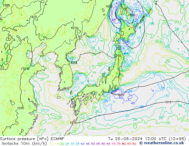 Isotachs (kph) ECMWF Tu 25.06.2024 12 UTC